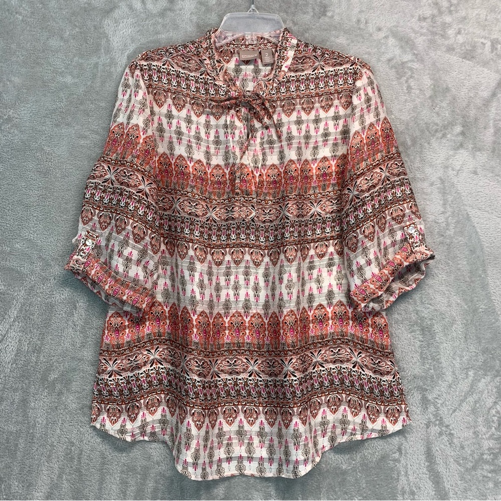 CHICO'S Sz 2 Peasant  Blouse Moroccan BOHO Flowy Pink white  Tunic